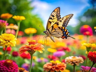 Fototapeta premium Eastern Tiger Swallowtail Butterfly on Zinnia Flowers - Aerial Drone View