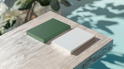 Business card mockup featuring green and white cards on a textured birchwood table, set against a soft cyan background