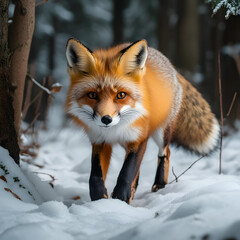 Red fox in winter wonderland. Majestic creature strolls through snowy forest, eyes captivating.