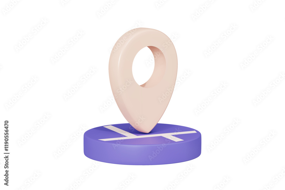 Poster 3d location pin map element. navigation point. beige marker on purple place. gps navigator. city str