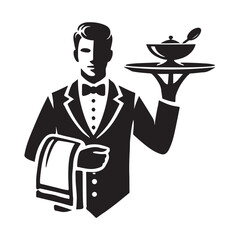 Waiter Silhouette Vector Illustration, Solid White Background.