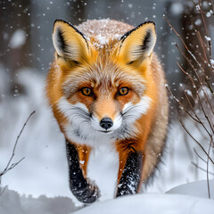 Obraz premium Red fox walking through a snowy winter landscape. Its fur is covered in snowflakes.