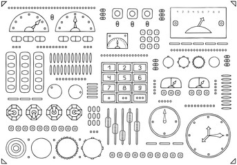 Panel with various buttons, levers, displays, monometers, sliders, indicators. Hand Drawn. Freehand drawing. Doodle. Sketch. Outline.	