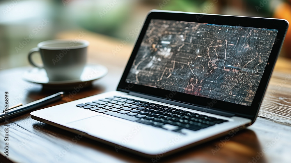 Poster laptop with complex equations: a sleek laptop displays a screen filled with intricate mathematical e