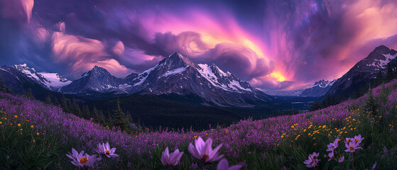 Majestic purple aurora over snowcapped mountains and vibrant wildflowers