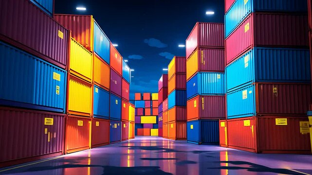 Colorful Shipping Containers Stacked in a Symmetrical Pattern at a Well-Lit Dockyard Under a Clear Night Sky

