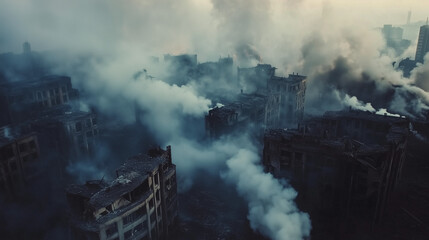 A post-apocalyptic scene of a city ravaged by destruction, smoke rising from the wreckage and obscuring the skyline.