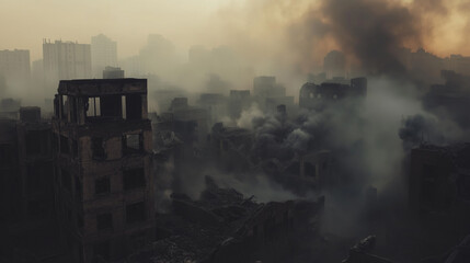 Fototapeta premium A dramatic image of a city in ruins, with smoke billowing through the remains of buildings and streets.