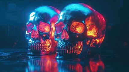 Two glowing metallic skulls.