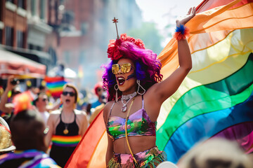 Colorful LGBTQ pride parade celebration with vibrant costumes and community support in a street festival