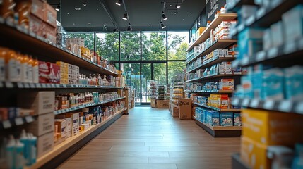 Fototapeta premium Modern pharmacy interior with shelves stocked with various healthcare and personal care products.