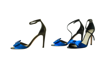 Elegant sandals with blue bow on high heels. femininity and sexuality, women's shoes. different angles. Isolated on white background. Isolated on transparent. png format available 