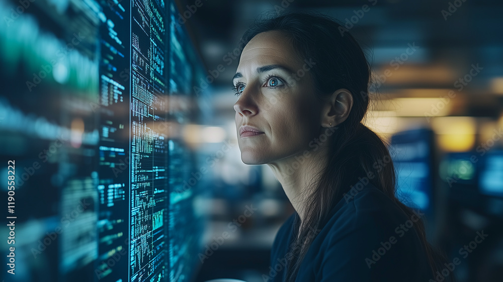 Poster data analyst in focus: a woman, with a focused expression, intently analyzes a wall of complex data 