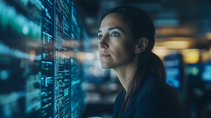 Data Analyst in Focus:  A woman, with a focused expression, intently analyzes a wall of complex data displayed on monitors in a dimly lit tech environment, her gaze tracing patterns and insights.
