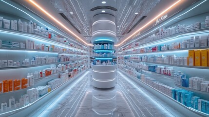 Obraz premium Modern pharmacy interior with shelves stocked with medicine and healthcare products. (2)