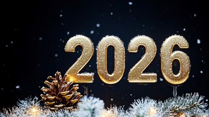 Golden 2026 New Year Celebration Background, Snowy Decor, Pine Cone, and Sparkling Lights