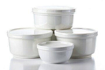 Empty White Ceramic Food Containers - Round & Rectangular Set, Isolated on White Background