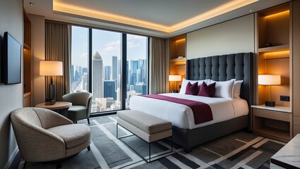 A sleek contemporary hotel room interior with  building view