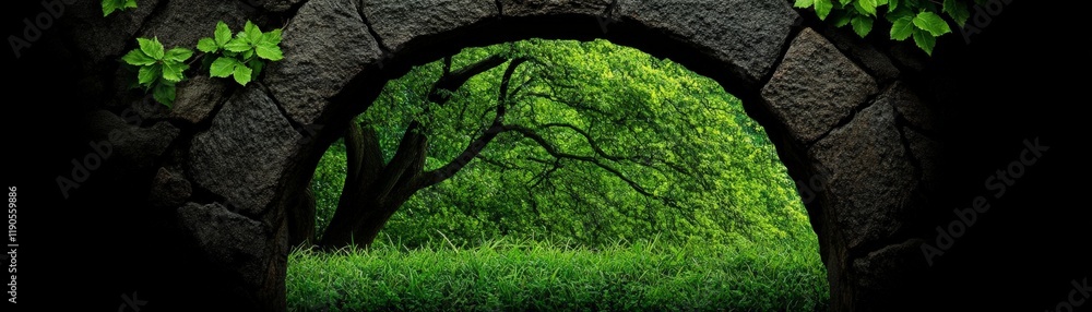 Poster stone archway to the unknown: a mysterious stone archway overgrown with vines frames a lush, green f