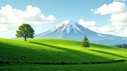 Obraz premium Close-up, eye-level shot capturing a lush green field leading diagonally across the frame to a solitary tree in the foreground, evoking serenity and natural beauty