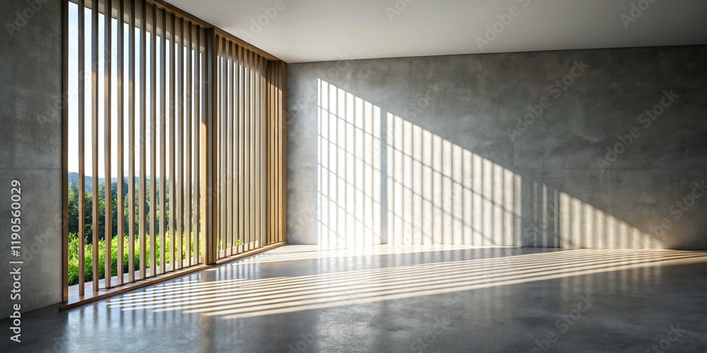 Poster minimalist empty studio room with sunlight & fence shadow - summer product display background