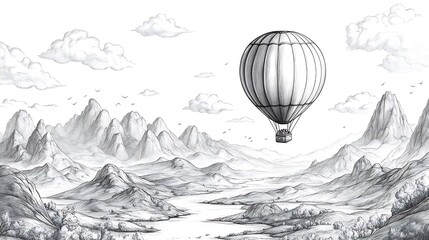 Obraz premium Black and white handdrawn hot air balloon floating over a landscape of mountains and valleys offering fun for kids to color with a plain minimalist background