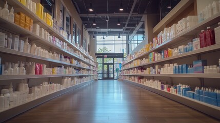 Fototapeta premium Modern pharmacy interior with well-stocked shelves.