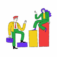 Hand drawn vector cartoon illustration of office workers sitting on a graph bar having a conversation.