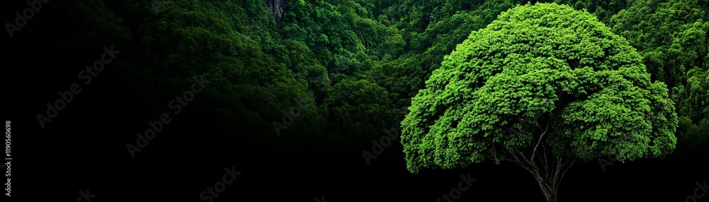 Poster luminous tree in dark forest: a single, vibrant green tree stands out against a backdrop of deep sha