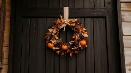Autumn wreath adorned with leaves and pumpkins hanging on a rustic wooden door