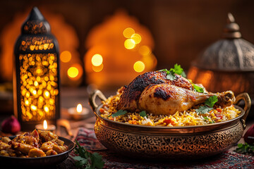 A delicious  ramadan biriyani served in traditional pot. 
Dum biriyani at the time of ramadan with background of ramadan glittering lights. Biriyani neat ramadan lamp.