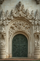 Entrance of a medieval church. Gothic architecture. Intricate details. Created with Generative AI technology