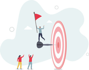 Achievement, reaching goal or meet target, winning business challenge, success or teamwork helping to achieve target concept.flat characters.