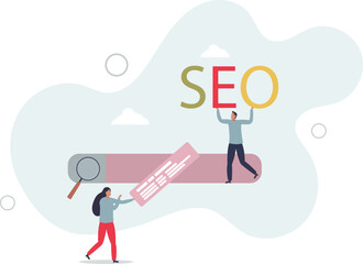SEO, search engine optimization to help website reach top ranking in search result page, promote website or communication concept.flat characters.