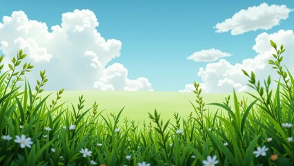 Obraz premium Lush green grass fields dotted with delicate white daisies, framed by a serene sky of soft blue and wispy white clouds, inviting nature's tranquility