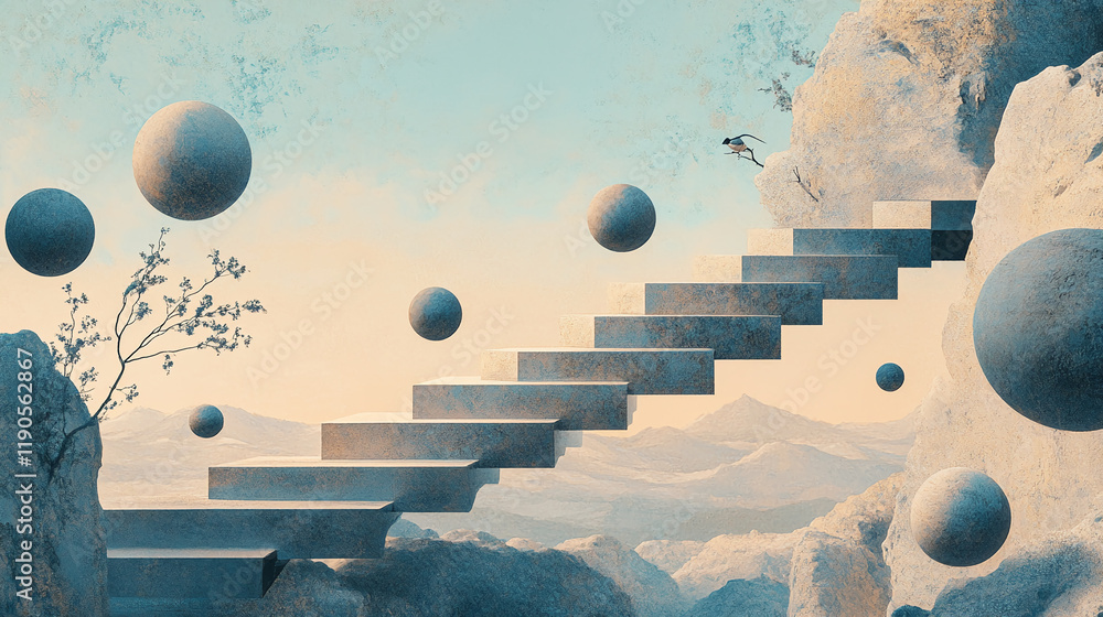 Poster Surreal floating staircase with abstract spheres in a dreamlike landscape