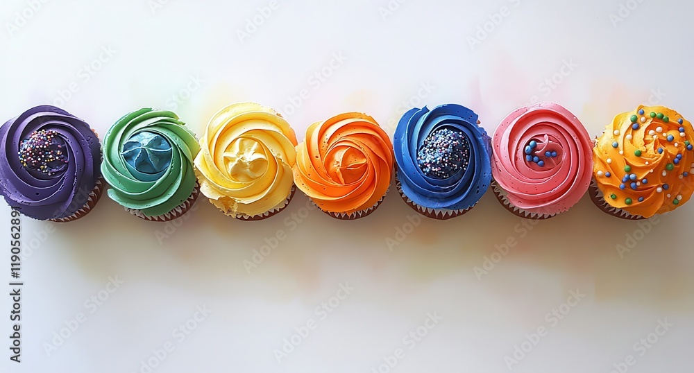 Wall mural Colorful Cupcakes with Swirls of Icing in a Rainbow Arrangement Perfect for Celebrations and Parties, Ideal for Dessert Lovers and Event Planners