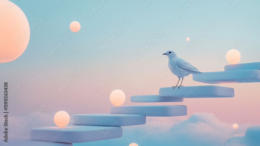 Poster Surreal bird on floating staircase with glowing spheres in pastel sky