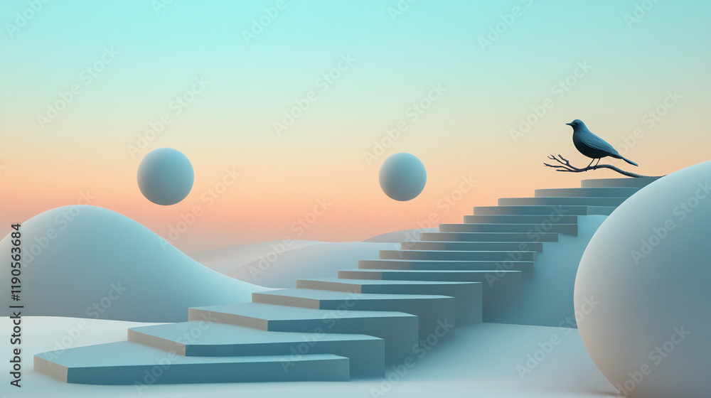 Poster Surreal landscape with bird on staircase and floating spheres in pastel tones