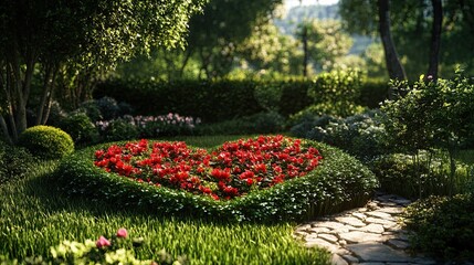 A scenic view of a heart-shaped flower bed in a lush green garden