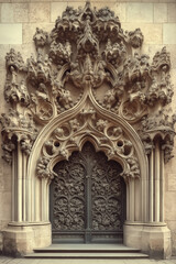 Entrance of a surreal medieval church. Gothic architecture. Intricate details. Created with Generative AI technology