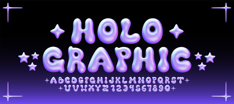 Glossy holographic bubble font. Inflated Iridescent alphabet, 3D holo ballon letters and numbers. Vector set	

