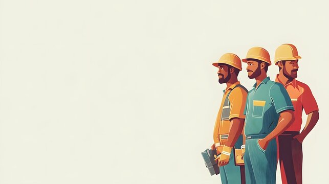 Three Construction Workers Standing Together In A Row
