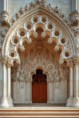 Fototapeta premium Entrance of a medieval church. Gothic architecture. Intricate details. Created with Generative AI technology