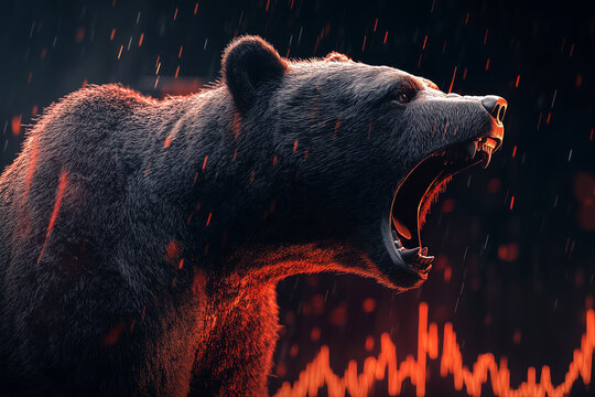 A creative concept of a bear market. A brown bear roaring with blood with background of red market crash graph