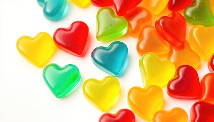 Obraz premium Colorful heart shaped candies scattered on white background Sweet treats Valentine Day celebration
