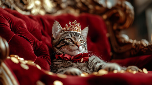 Sophisticated regal-looking cat in a royal setting with intricate details, exuding levity and laughter through its noble appearance.