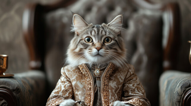 Stately cat adorned in royal jewels and attire, adding levity and laughter with its majestic and comedic expression.