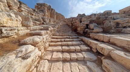 Obraz premium Ancient Stone Staircase Ascending Through Rocky Ruins Beneath Clear Sky