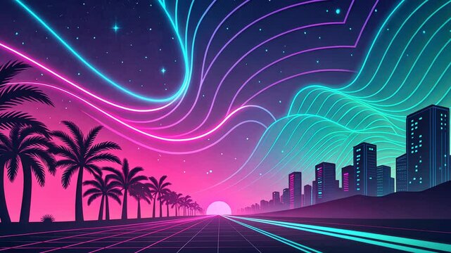 Abstract technology synthwave concept with neon style, Neon cityscape with palm trees and starry sky